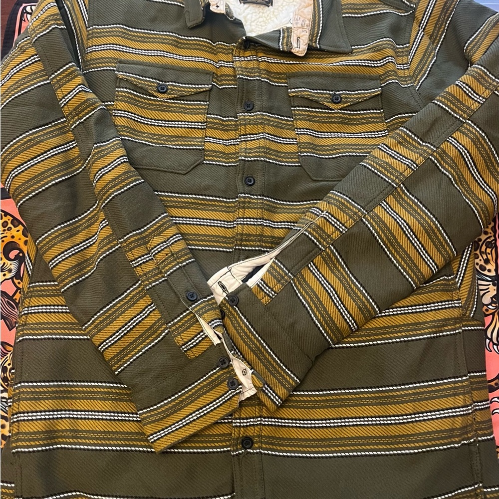 Burton Green and Yellow Striped Shirt Jacket Sherpa fleece lined large